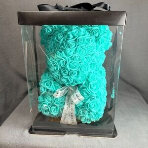 Rose Bear Gift Box Teal Foam Roses Teddy Bear Romantic Decor